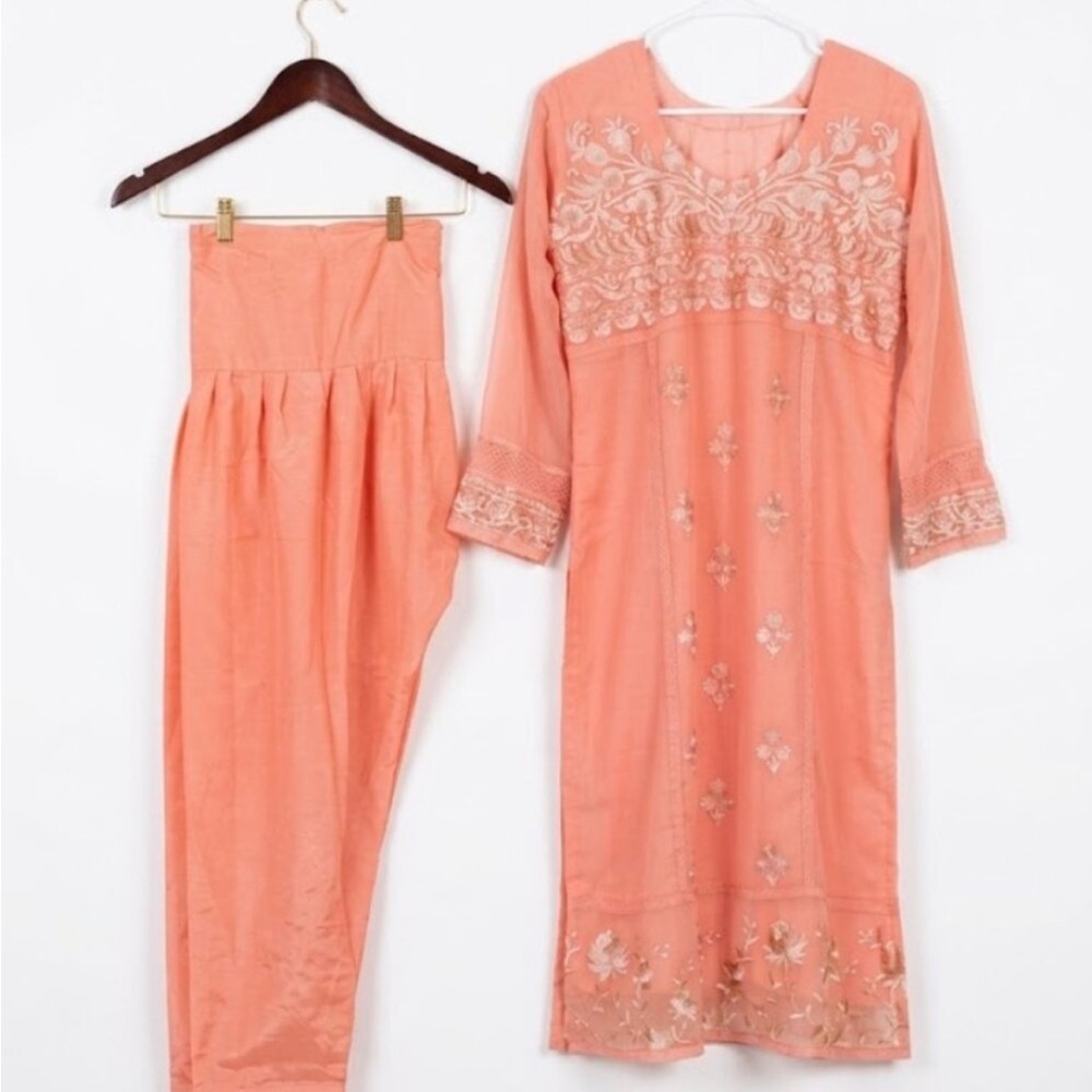 Embroidered Peach Women's Salwar Kurta Tunic & Pants Set